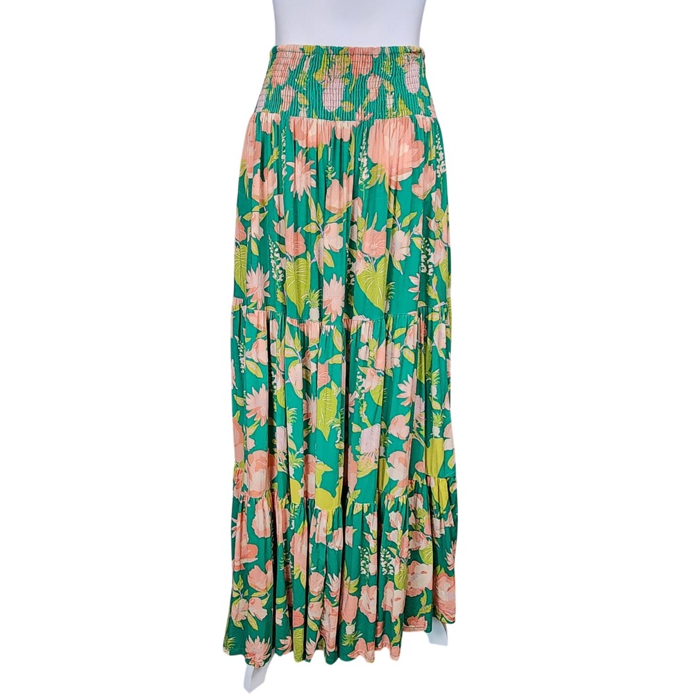 Natural Life Maxi Skirt Womens Large Green Peach Floral Tiered Casual Beach Boho